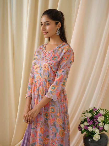 Purple Floral Printed Sequinned Anarkali Pure Cotton Kurta With Trouser & Dupatta - Buy Best Ethnic Wear for Women & Girls | Daily Woman - 