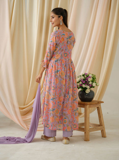 Purple Floral Printed Sequinned Anarkali Pure Cotton Kurta With Trouser & Dupatta - Buy Best Ethnic Wear for Women & Girls | Daily Woman - 