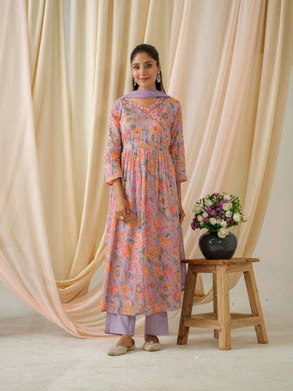 Purple Floral Printed Sequinned Anarkali Pure Cotton Kurta With Trouser & Dupatta - Buy Best Ethnic Wear for Women & Girls | Daily Woman - 