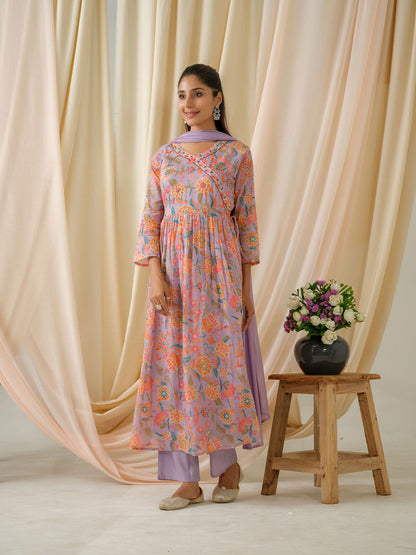 Purple Floral Printed Sequinned Anarkali Pure Cotton Kurta With Trouser & Dupatta - Buy Best Ethnic Wear for Women & Girls | Daily Woman - 