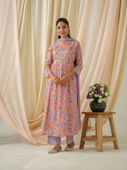 Purple Floral Printed Sequinned Anarkali Pure Cotton Kurta With Trouser & Dupatta - Buy Best Ethnic Wear for Women & Girls | Daily Woman - 