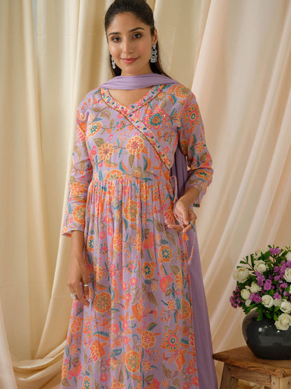 Purple Floral Printed Sequinned Anarkali Pure Cotton Kurta With Trouser & Dupatta - Buy Best Ethnic Wear for Women & Girls | Daily Woman - 