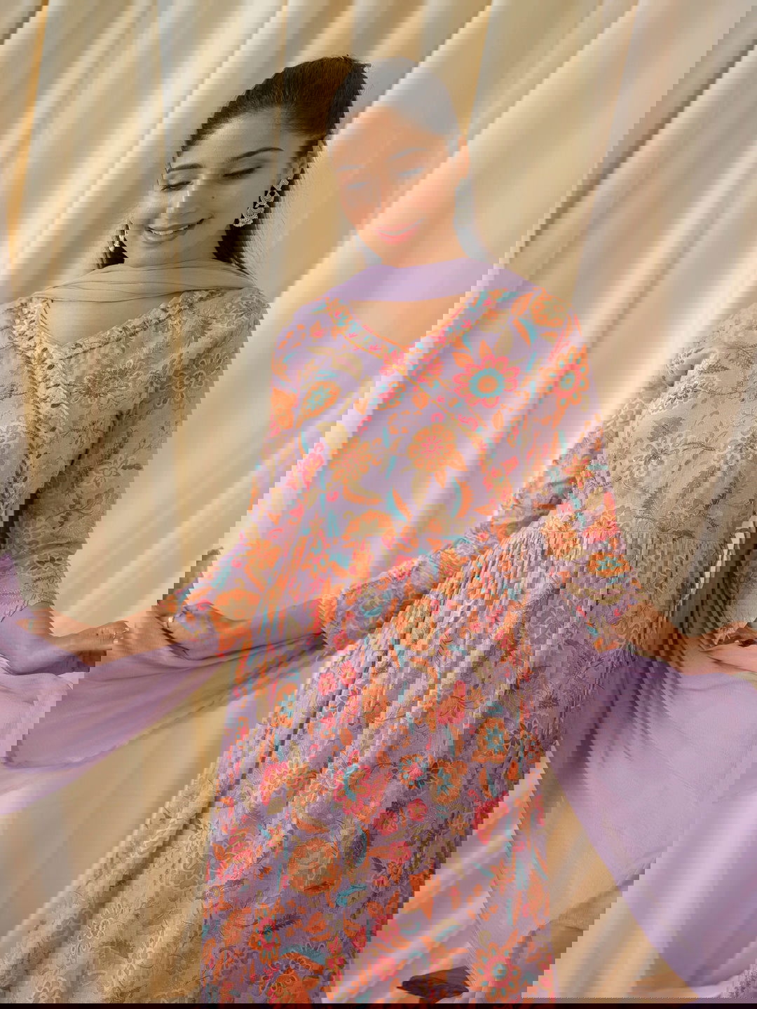 Purple Floral Printed Sequinned Anarkali Pure Cotton Kurta With Trouser & Dupatta - Buy Best Ethnic Wear for Women & Girls | Daily Woman - 
