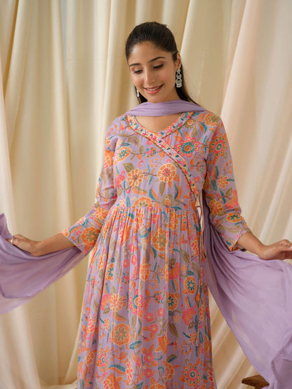Purple Floral Printed Sequinned Anarkali Pure Cotton Kurta With Trouser & Dupatta - Buy Best Ethnic Wear for Women & Girls | Daily Woman - 