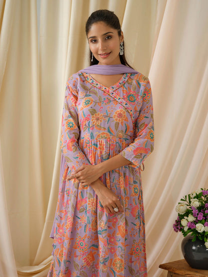 Purple Floral Printed Sequinned Anarkali Pure Cotton Kurta With Trouser & Dupatta - Buy Best Ethnic Wear for Women & Girls | Daily Woman - 