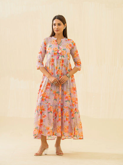 Purple & Orange Ethnic Printed Regular Sleeves Button Floral - Buy Best Ethnic Wear for Women & Girls | Daily Woman - 