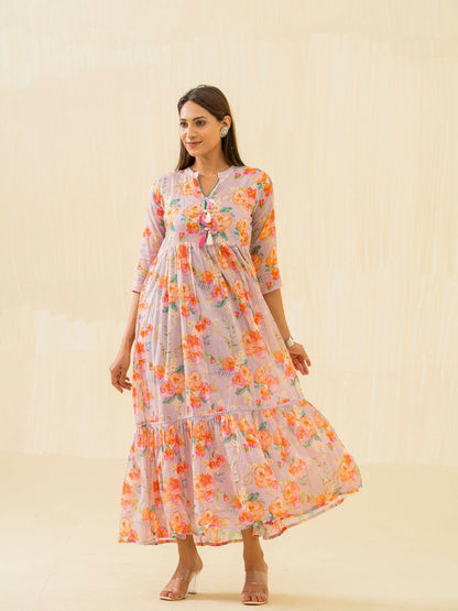 Purple & Orange Ethnic Printed Regular Sleeves Button Floral - Buy Best Ethnic Wear for Women & Girls | Daily Woman - 