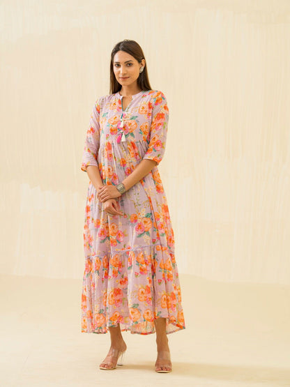Purple & Orange Ethnic Printed Regular Sleeves Button Floral - Buy Best Ethnic Wear for Women & Girls | Daily Woman - 