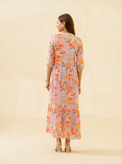 Purple & Orange Ethnic Printed Regular Sleeves Button Floral - Buy Best Ethnic Wear for Women & Girls | Daily Woman - 