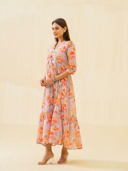 Purple & Orange Ethnic Printed Regular Sleeves Button Floral - Buy Best Ethnic Wear for Women & Girls | Daily Woman - 