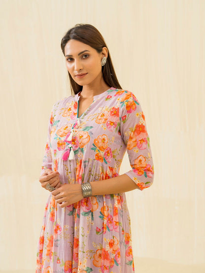 Purple & Orange Ethnic Printed Regular Sleeves Button Floral - Buy Best Ethnic Wear for Women & Girls | Daily Woman - 