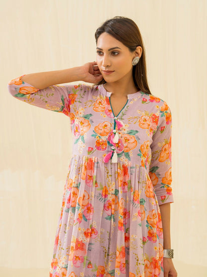 Purple & Orange Ethnic Printed Regular Sleeves Button Floral - Buy Best Ethnic Wear for Women & Girls | Daily Woman - 