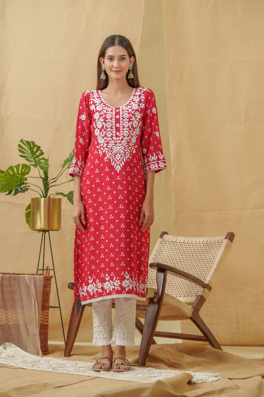 Rani Bandhani Printed Thread Work Straight Kurta - Buy Best Ethnic Wear for Women & Girls | Daily Woman -