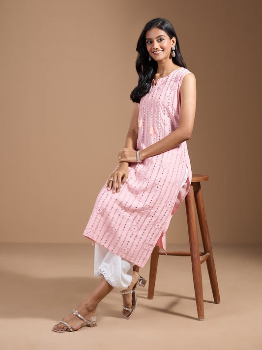 Rayon Women Striped Thread Work Kurta - Buy Best Ethnic Wear for Women & Girls | Daily Woman -