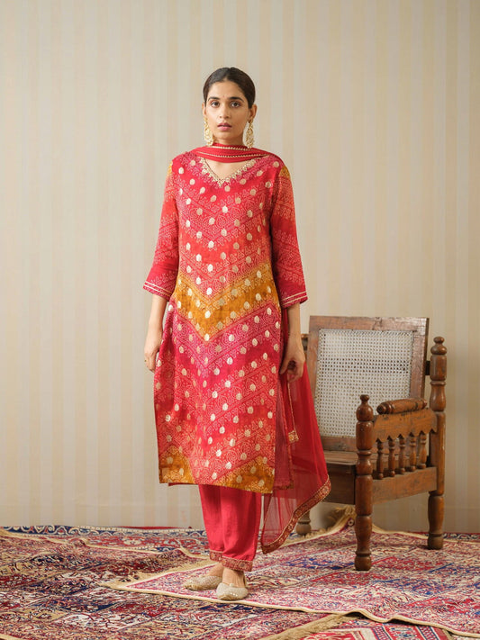 Red Bandhani Printed Thread Work Kurta With Trouser & Dupatta - Buy Best Ethnic Wear for Women & Girls | Daily Woman - 