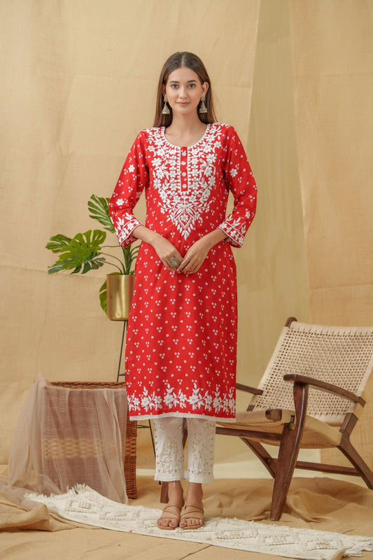 Red Bandhani Printed Thread Work Straight Kurta - Buy Best Ethnic Wear for Women & Girls | Daily Woman - 