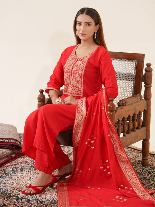 Red Color Poly Chinon Ethnic Motifs Woven Design Zari Regular Kurta with Trousers & Banarasi Dupatta - Buy Best Ethnic Wear for Women & Girls | Daily Woman - 