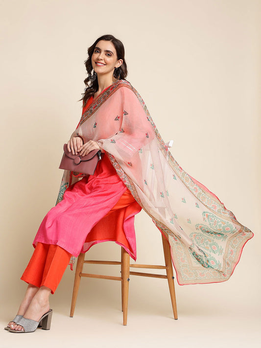 Red Embroidered Yoke Design Kurta With Trouser & Dupatta Set - Buy Best Ethnic Wear for Women & Girls | Daily Woman - 