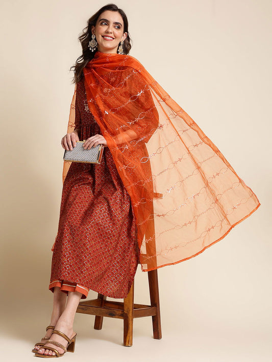 Red Ethnic Motif Printed Mirror Work Chanderi Cotton Kurta With Trouser & Dupatta - Buy Best Ethnic Wear for Women & Girls | Daily Woman - 