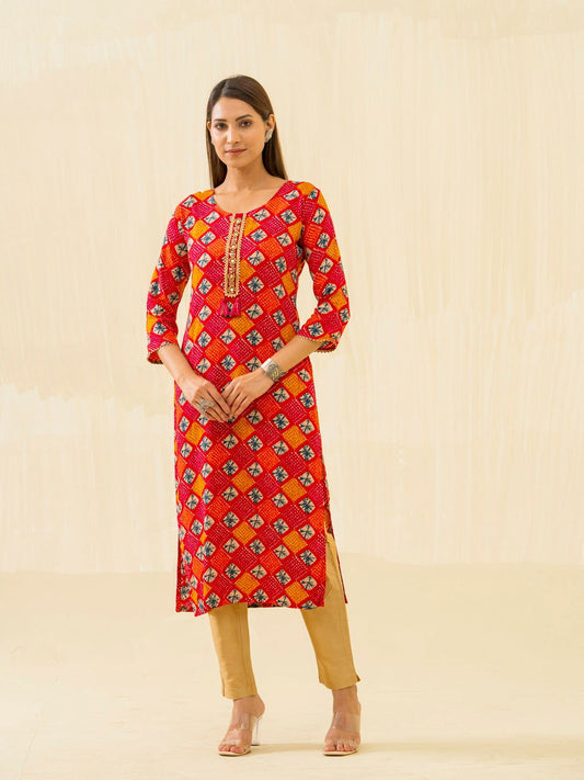 Red & Fashion Round Neck Printed and Kurtas - Buy Best Ethnic Wear for Women & Girls | Daily Woman - 