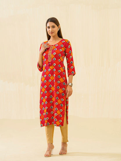 Red & Fashion Round Neck Printed and Kurtas - Buy Best Ethnic Wear for Women & Girls | Daily Woman - 