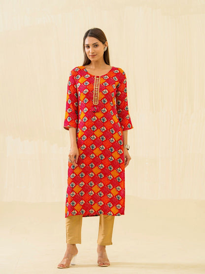 Red & Fashion Round Neck Printed and Kurtas - Buy Best Ethnic Wear for Women & Girls | Daily Woman - 