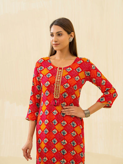 Red & Fashion Round Neck Printed and Kurtas - Buy Best Ethnic Wear for Women & Girls | Daily Woman - 