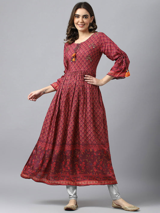 Red Flared Printed Empire Ethnic Dresses - Buy Best Ethnic Wear for Women & Girls | Daily Woman -