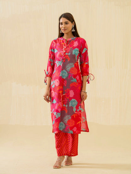 Red Floral Printed Straight Kurta and Palazzos - Buy Best Ethnic Wear for Women & Girls | Daily Woman - 