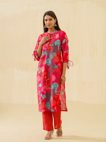 Red Floral Printed Straight Kurta and Palazzos - Buy Best Ethnic Wear for Women & Girls | Daily Woman - 