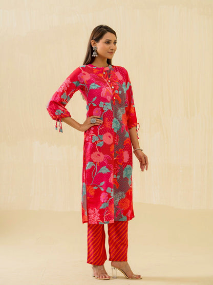 Red Floral Printed Straight Kurta and Palazzos - Buy Best Ethnic Wear for Women & Girls | Daily Woman - 
