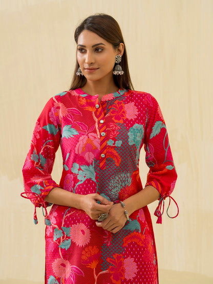 Red Floral Printed Straight Kurta and Palazzos - Buy Best Ethnic Wear for Women & Girls | Daily Woman - 