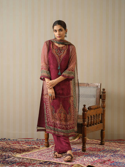 Red Printed Ethnic Motifs Straight Kurta and Trousers With Dupatta - Buy Best Ethnic Wear for Women & Girls | Daily Woman - 