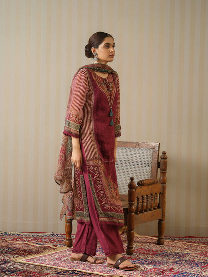 Red Printed Ethnic Motifs Straight Kurta and Trousers With Dupatta - Buy Best Ethnic Wear for Women & Girls | Daily Woman - 
