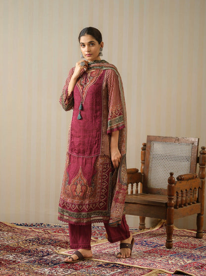 Red Printed Ethnic Motifs Straight Kurta and Trousers With Dupatta - Buy Best Ethnic Wear for Women & Girls | Daily Woman - 