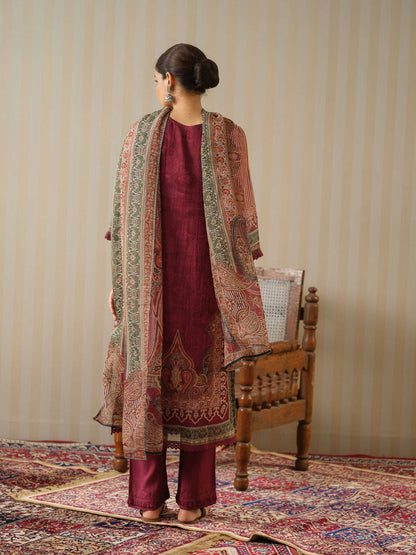 Red Printed Ethnic Motifs Straight Kurta and Trousers With Dupatta - Buy Best Ethnic Wear for Women & Girls | Daily Woman - 