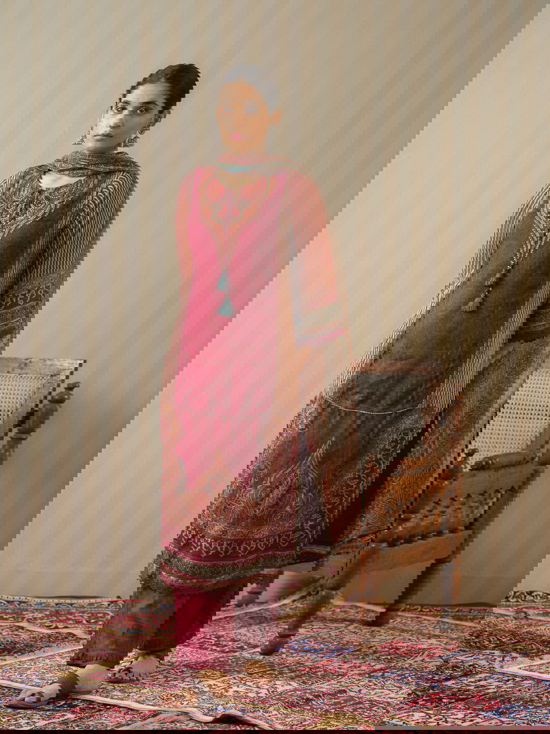 Red Printed Ethnic Motifs Straight Kurta and Trousers With Dupatta - Buy Best Ethnic Wear for Women & Girls | Daily Woman - 