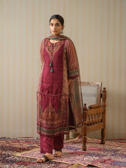Red Printed Ethnic Motifs Straight Kurta and Trousers With Dupatta - Buy Best Ethnic Wear for Women & Girls | Daily Woman - 