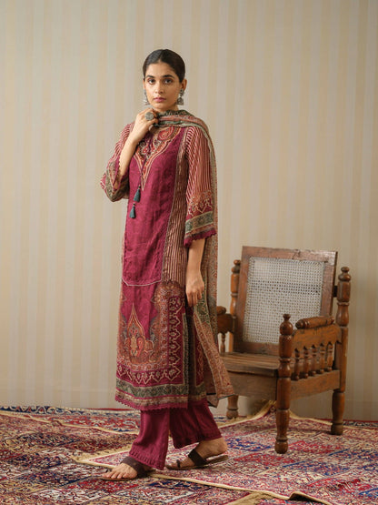 Red Printed Ethnic Motifs Straight Kurta and Trousers With Dupatta - Buy Best Ethnic Wear for Women & Girls | Daily Woman - 