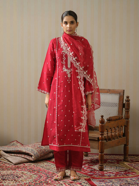 Red Woven Design  Straight Kurta and Trousers With Dupatta - Buy Best Ethnic Wear for Women & Girls | Daily Woman - 
