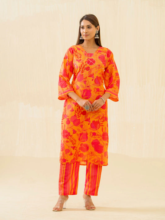 Red Yellow Floral Printed Sequinned Square Neck Flared Sleeves Kurta With Trousers - Buy Best Ethnic Wear for Women & Girls | Daily Woman - 