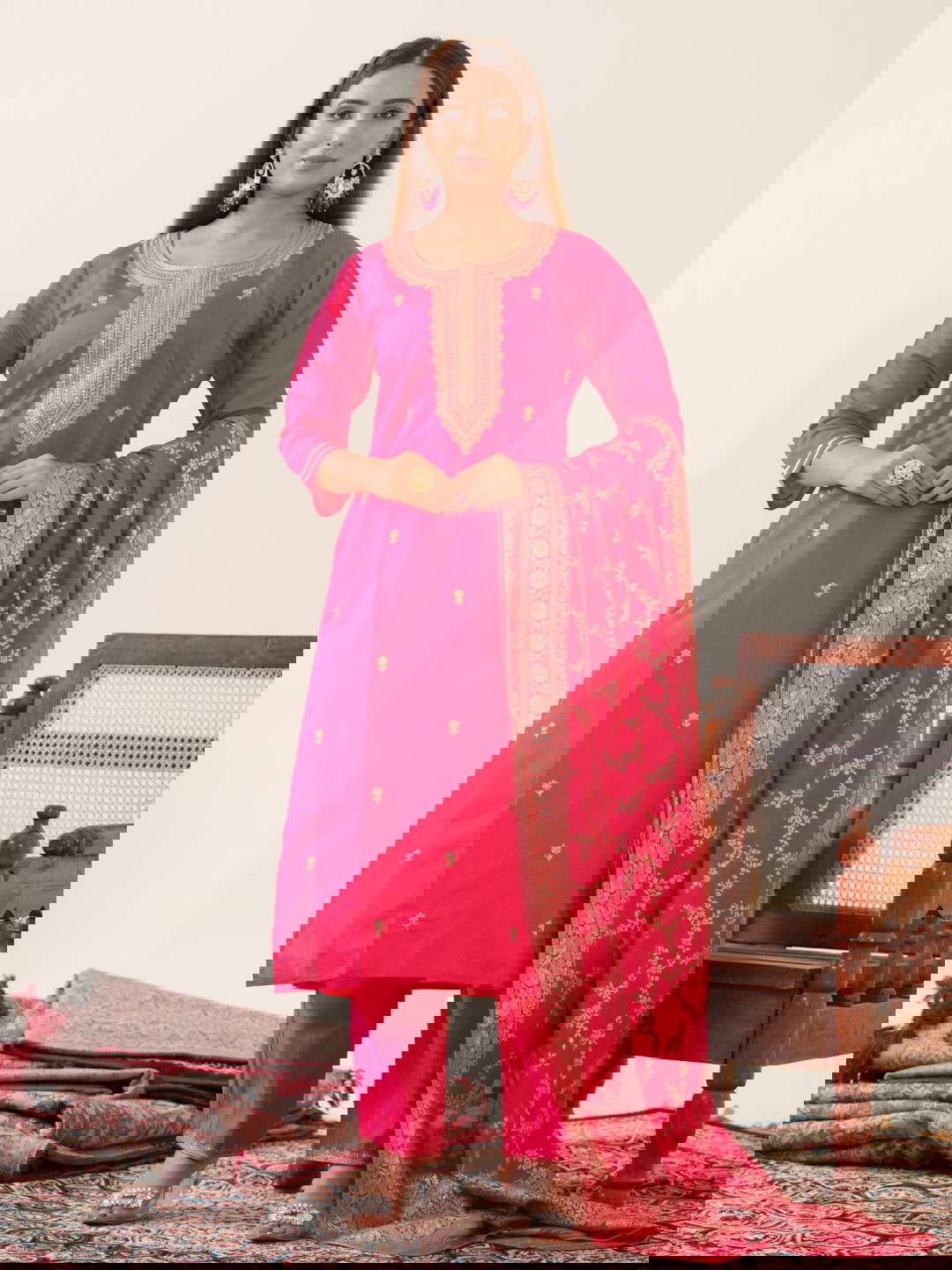 Roman Silk Pink Color Ethnic Motifs Embroidered Kurta With Trousers & Dupatta - Buy Best Ethnic Wear for Women & Girls | Daily Woman - 