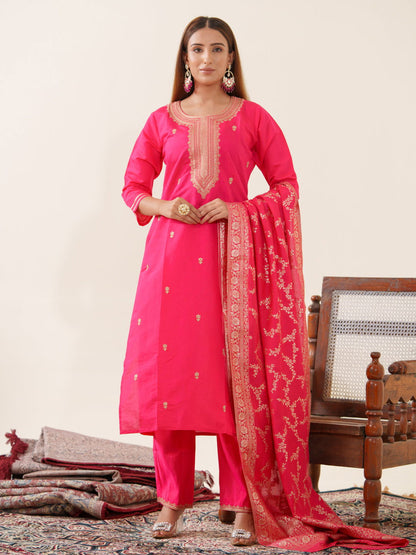Roman Silk Pink Color Ethnic Motifs Embroidered Kurta With Trousers & Dupatta - Buy Best Ethnic Wear for Women & Girls | Daily Woman - 