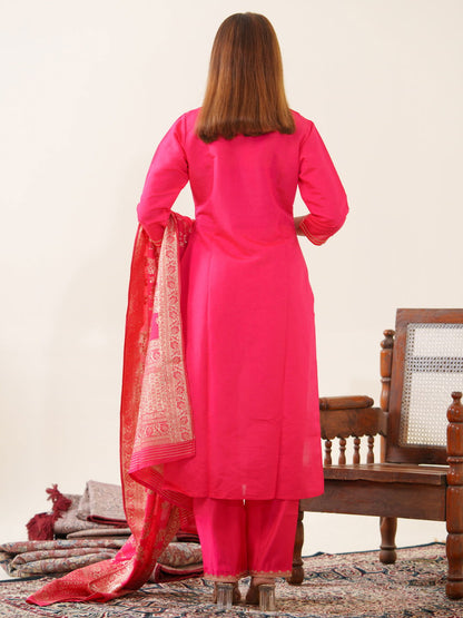 Roman Silk Pink Color Ethnic Motifs Embroidered Kurta With Trousers & Dupatta - Buy Best Ethnic Wear for Women & Girls | Daily Woman - 