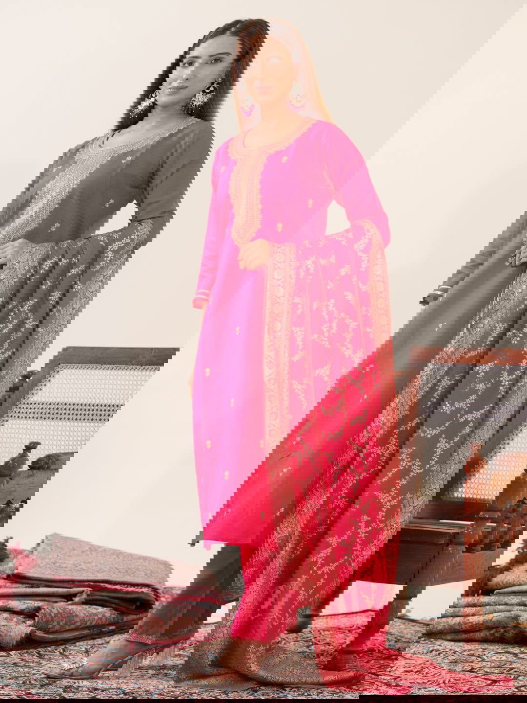 Roman Silk Pink Color Ethnic Motifs Embroidered Kurta With Trousers & Dupatta - Buy Best Ethnic Wear for Women & Girls | Daily Woman - 