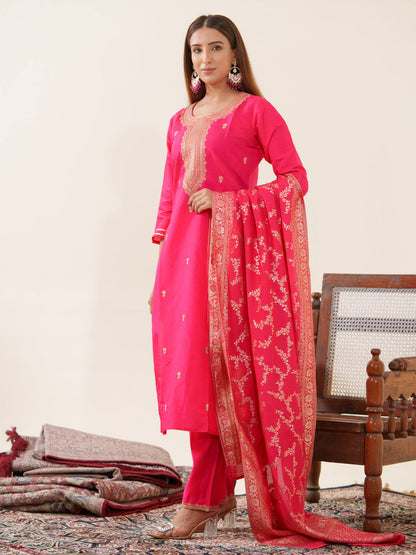 Roman Silk Pink Color Ethnic Motifs Embroidered Kurta With Trousers & Dupatta - Buy Best Ethnic Wear for Women & Girls | Daily Woman - 