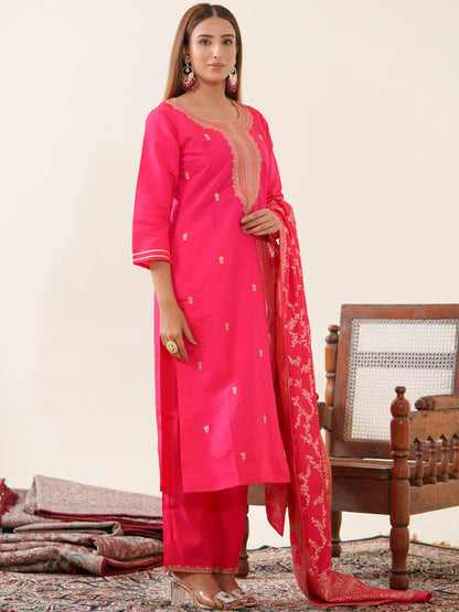 Roman Silk Pink Color Ethnic Motifs Embroidered Kurta With Trousers & Dupatta - Buy Best Ethnic Wear for Women & Girls | Daily Woman - 