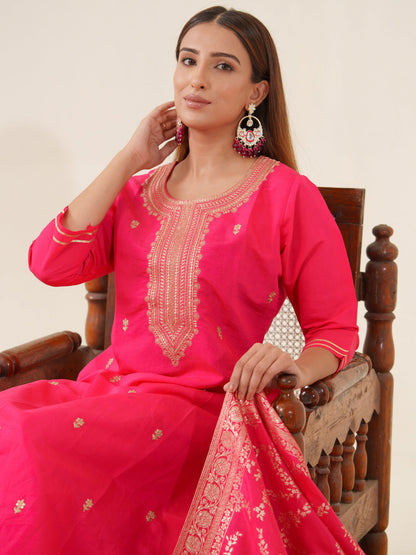 Roman Silk Pink Color Ethnic Motifs Embroidered Kurta With Trousers & Dupatta - Buy Best Ethnic Wear for Women & Girls | Daily Woman - 
