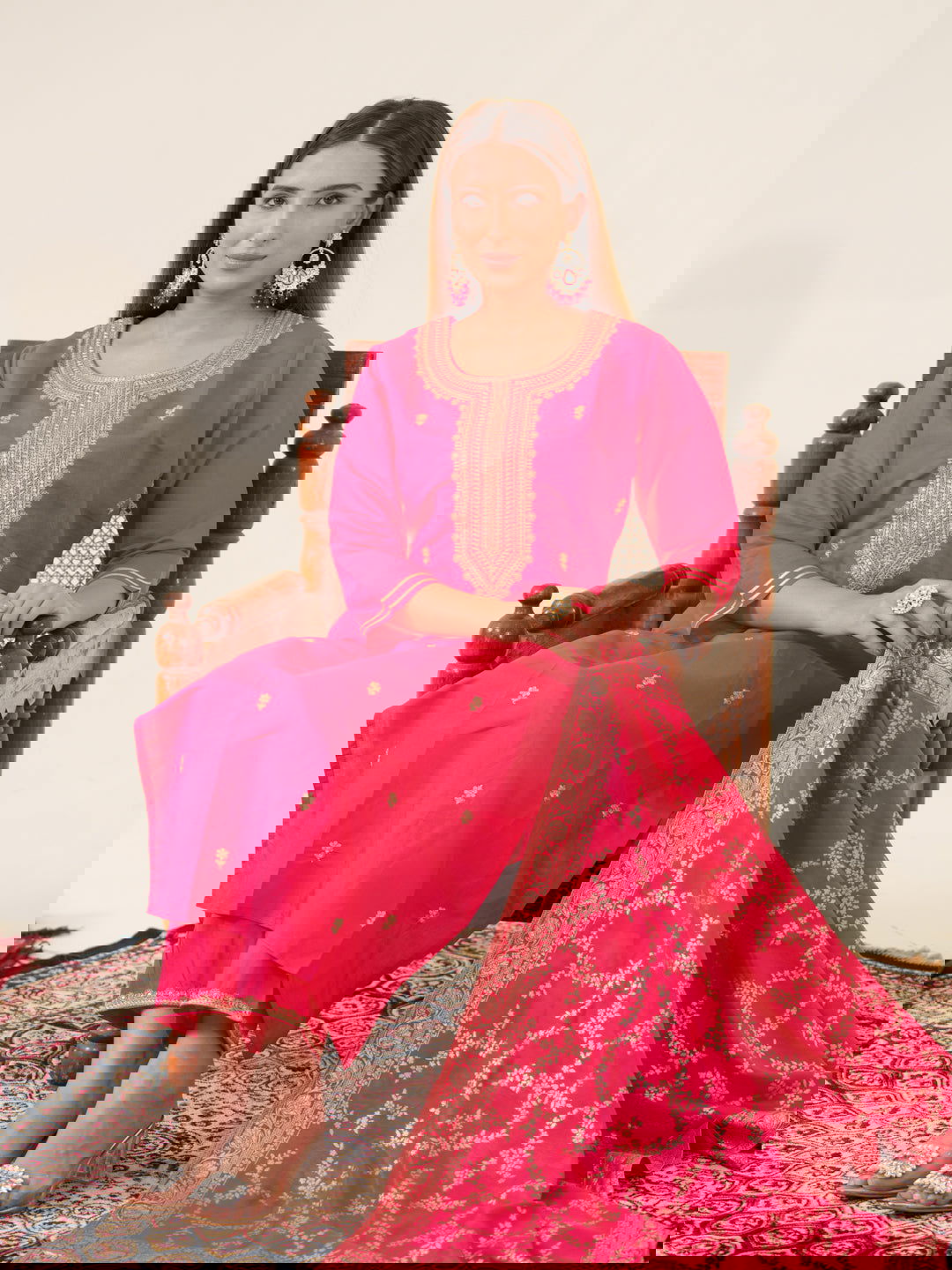 Roman Silk Pink Color Ethnic Motifs Embroidered Kurta With Trousers & Dupatta - Buy Best Ethnic Wear for Women & Girls | Daily Woman - 