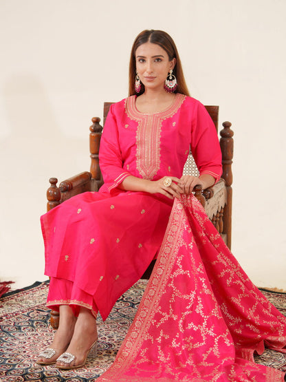 Roman Silk Pink Color Ethnic Motifs Embroidered Kurta With Trousers & Dupatta - Buy Best Ethnic Wear for Women & Girls | Daily Woman - 